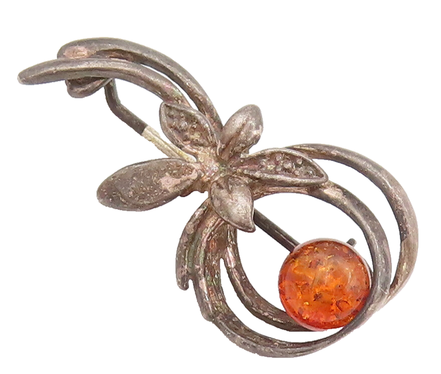 925 Sterling Silver Vintage Brooch Pin Solid Cutout Floral Loop Amber  BP10714