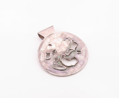 925 Sterling Silver Vintage Beaded Edge Flower & Leaves Cutout Pendant PT21893