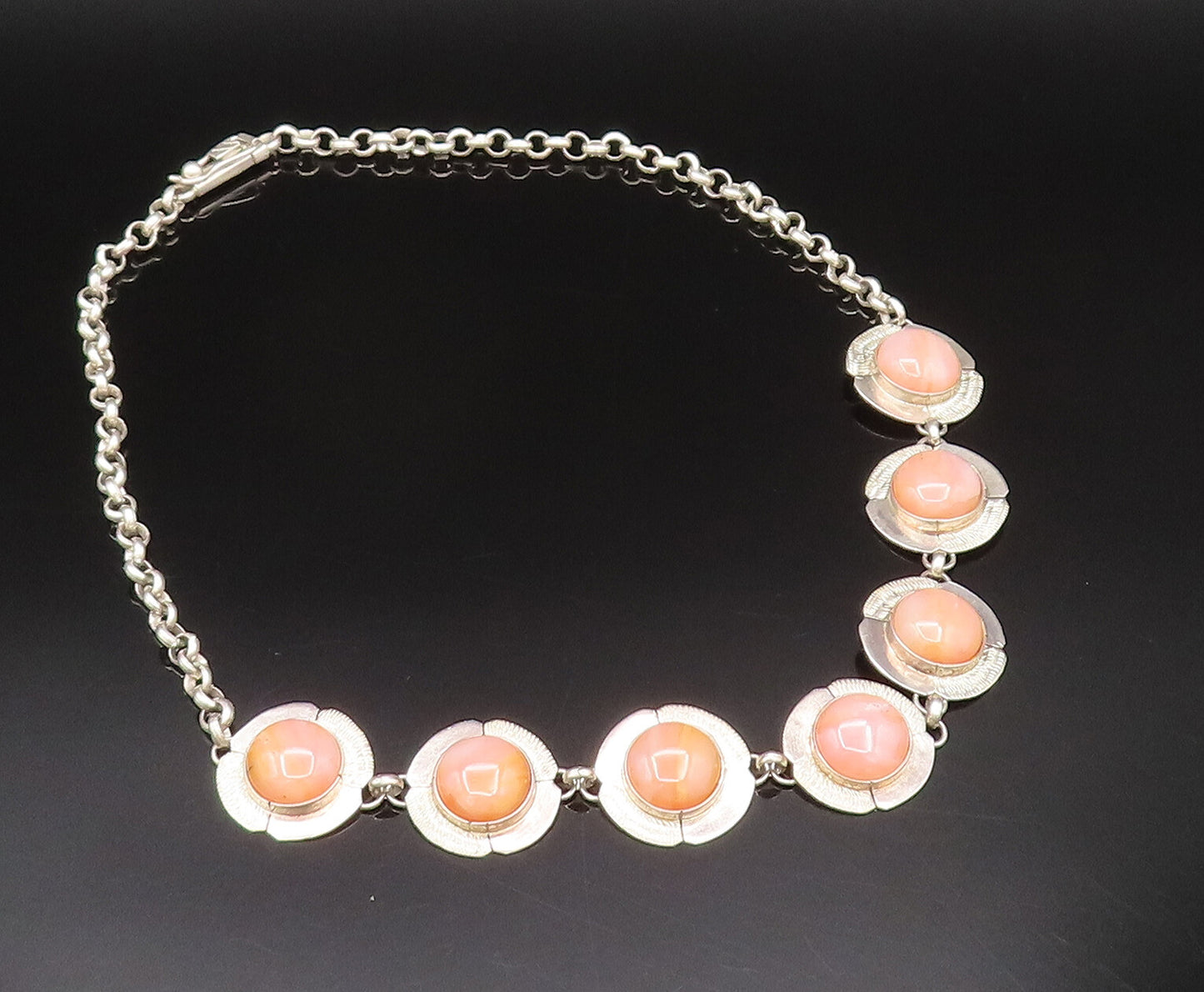 925 Sterling Silver  Vintage Seven Stone Cabochon Agate Chain Necklace  NE3998