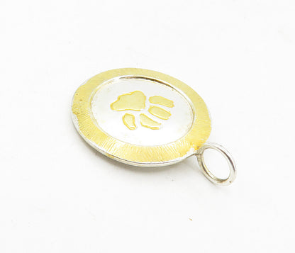 925 Sterling Silver  Vintage Shiny Two Tone Paw Print Drop Pendant  PT6418