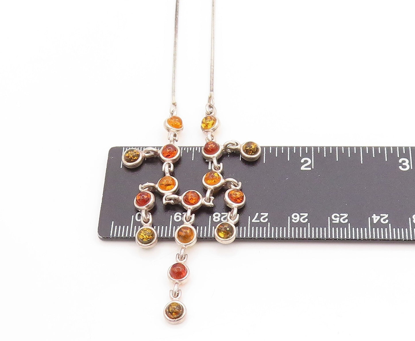 925 Sterling Silver Vintage Necklace Multi Stone Amber Classic Link Chain NE4630