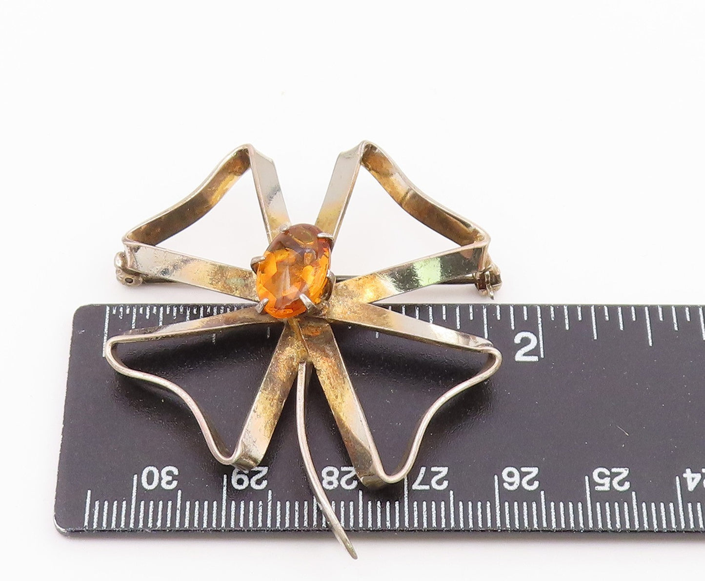 925 Sterling Silver  Vintage Citrine Ribbon Flower Shiny Brooch Pin  BP4975