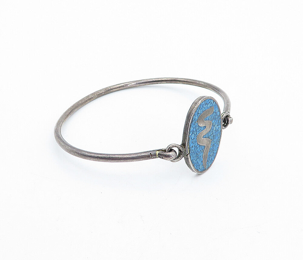 MEXICO 925 Sterling Silver Vintage Crushed Turquoise Bangle Bracelet BT1455