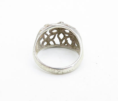 925 Sterling Silver  Vintage Open Flowers Motif Dome Band Ring Sz 8.5  RG7084