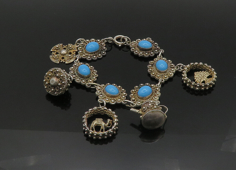 ISRAEL 925 Silver  Vintage Turquoise Floral Twist Cross Chain Bracelet  BT8650