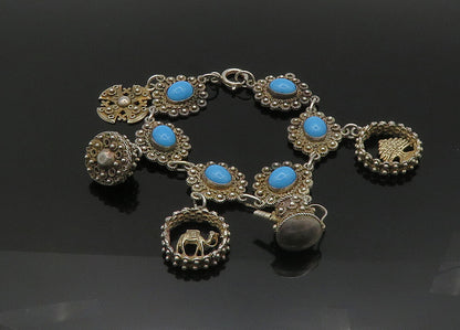 ISRAEL 925 Silver  Vintage Turquoise Floral Twist Cross Chain Bracelet  BT8650