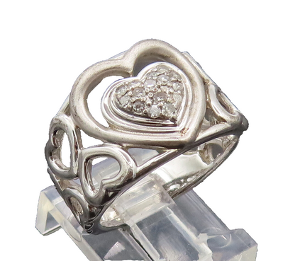 925 Sterling Silver  Vintage Carved Hearts Of Diamonds Broad Ring Sz 7 RG26865