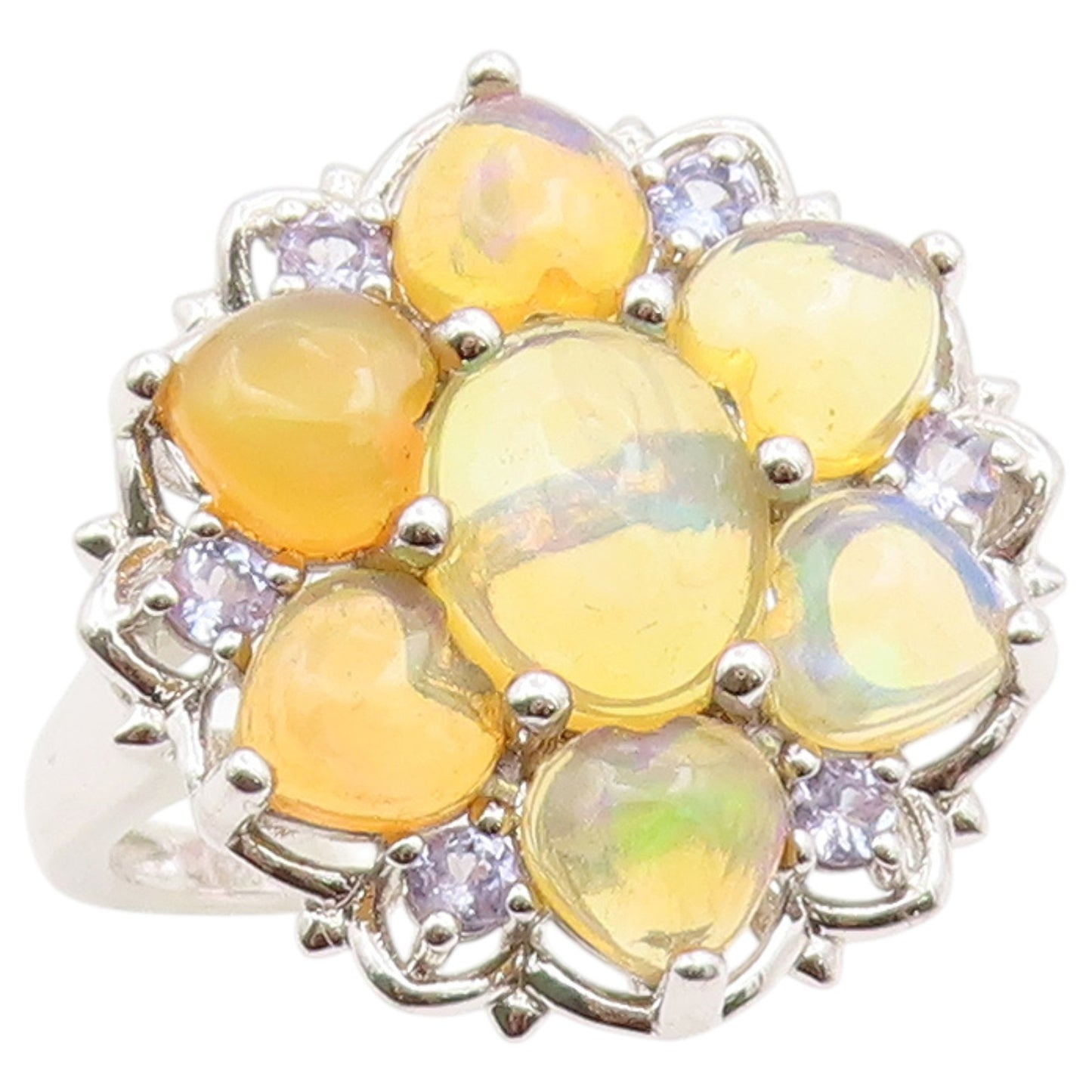 925 Sterling Silver Vintage Ring Opal & Tanzanite Floral Petal  Sz 11.5  RG36499