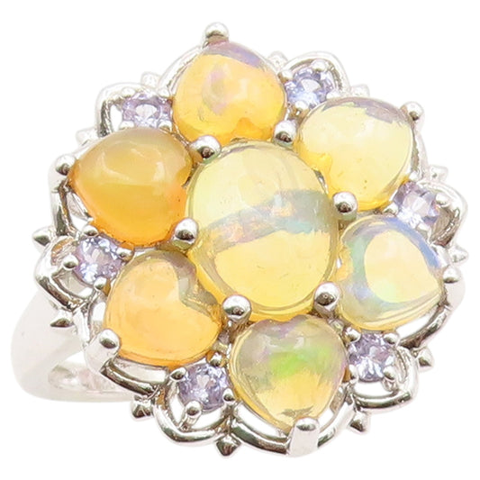 925 Sterling Silver Vintage Ring Opal & Tanzanite Floral Petal  Sz 11.5  RG36499