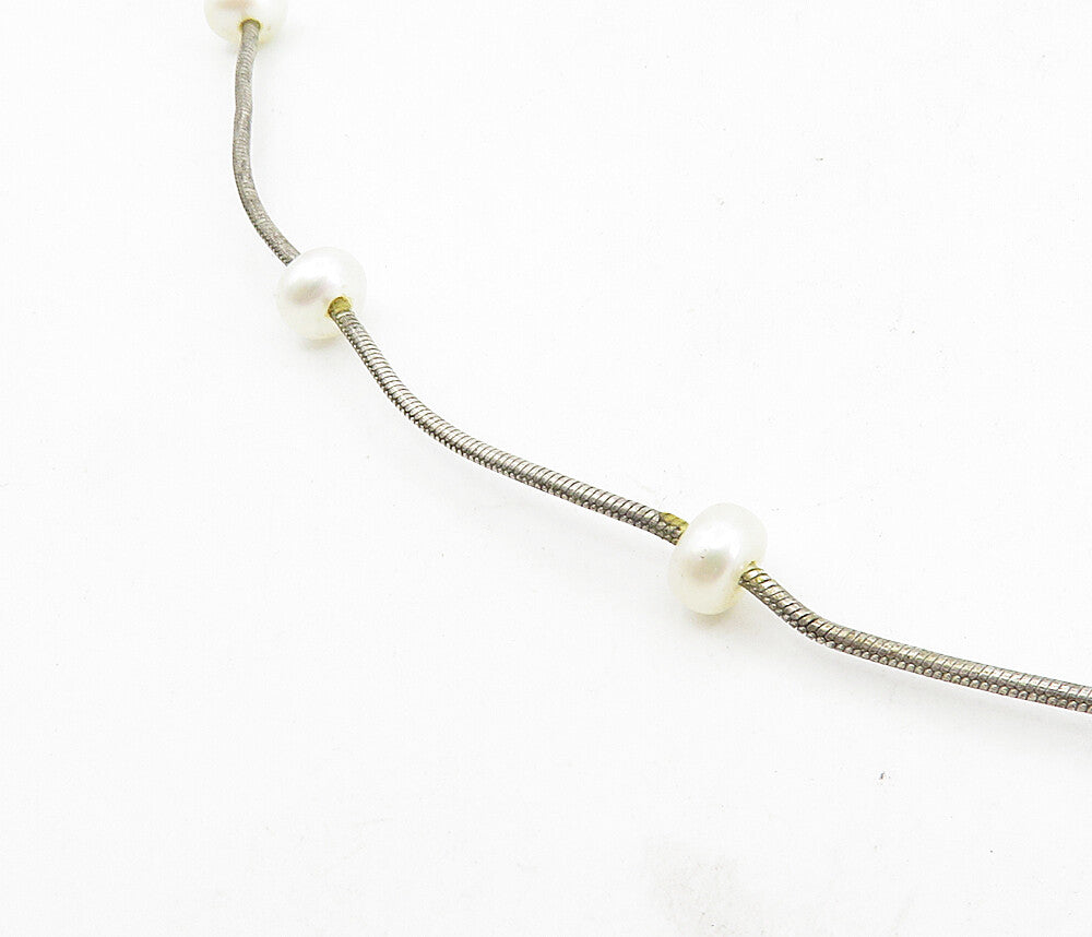 925 Sterling Silver  Vintage Petite Pearls Beaded Snake Chain Necklace  NE1713