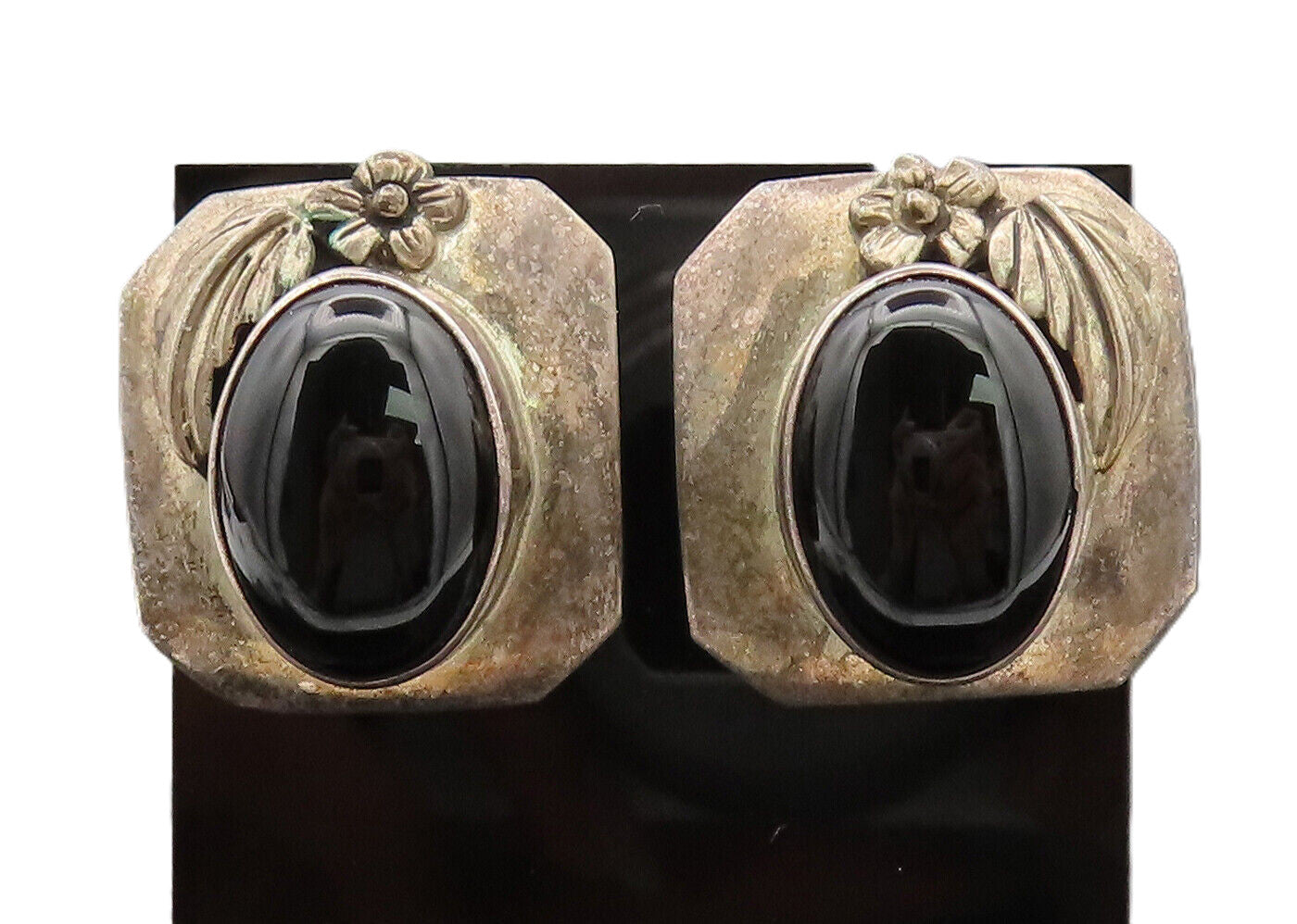 NAVAJO 925 Sterling Silver Vintage Leafed Flower Large Onyx Earrings  EG12649