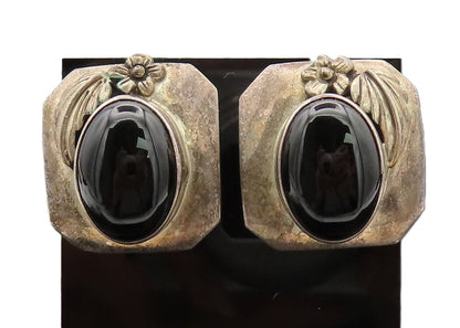 NAVAJO 925 Sterling Silver Vintage Leafed Flower Large Onyx Earrings  EG12649