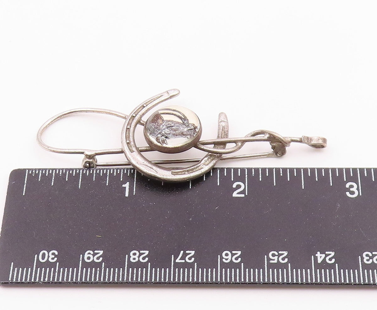 925 Sterling Silver  Vintage Horseshoe & Whip Good Luck Brooch Pin  BP9217