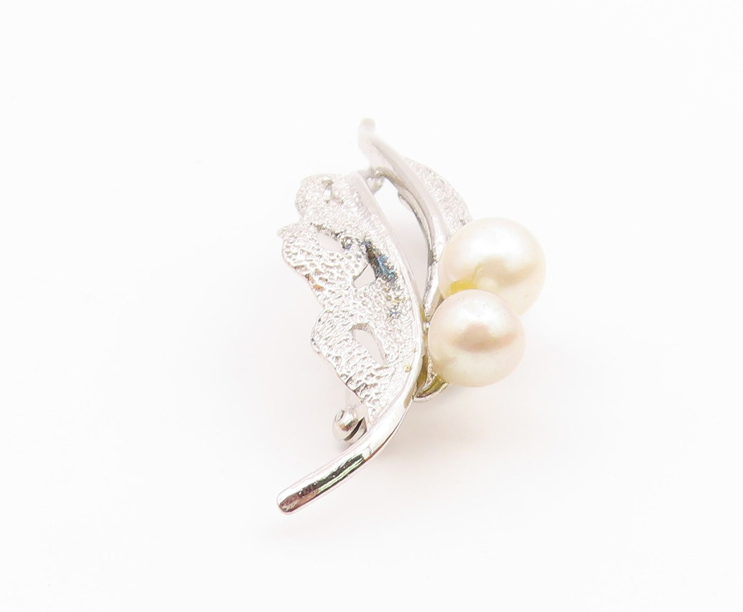 925 Silver  Vintage Cultured Pearls Shiny Floral Leaf Brooch Pin  BP8881