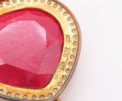 925 Sterling Silver Vintage Bracelet Gold Plated Red Gemstone & Diamonds BT10723