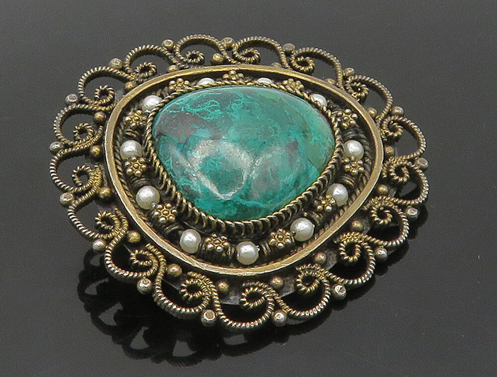 ISRAEL 925 Silver  Vintage Eilat Stone & Petite Pearls Brooch Pin  BP6300