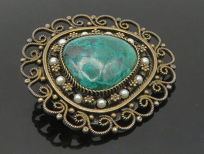 ISRAEL 925 Silver  Vintage Eilat Stone & Petite Pearls Brooch Pin  BP6300