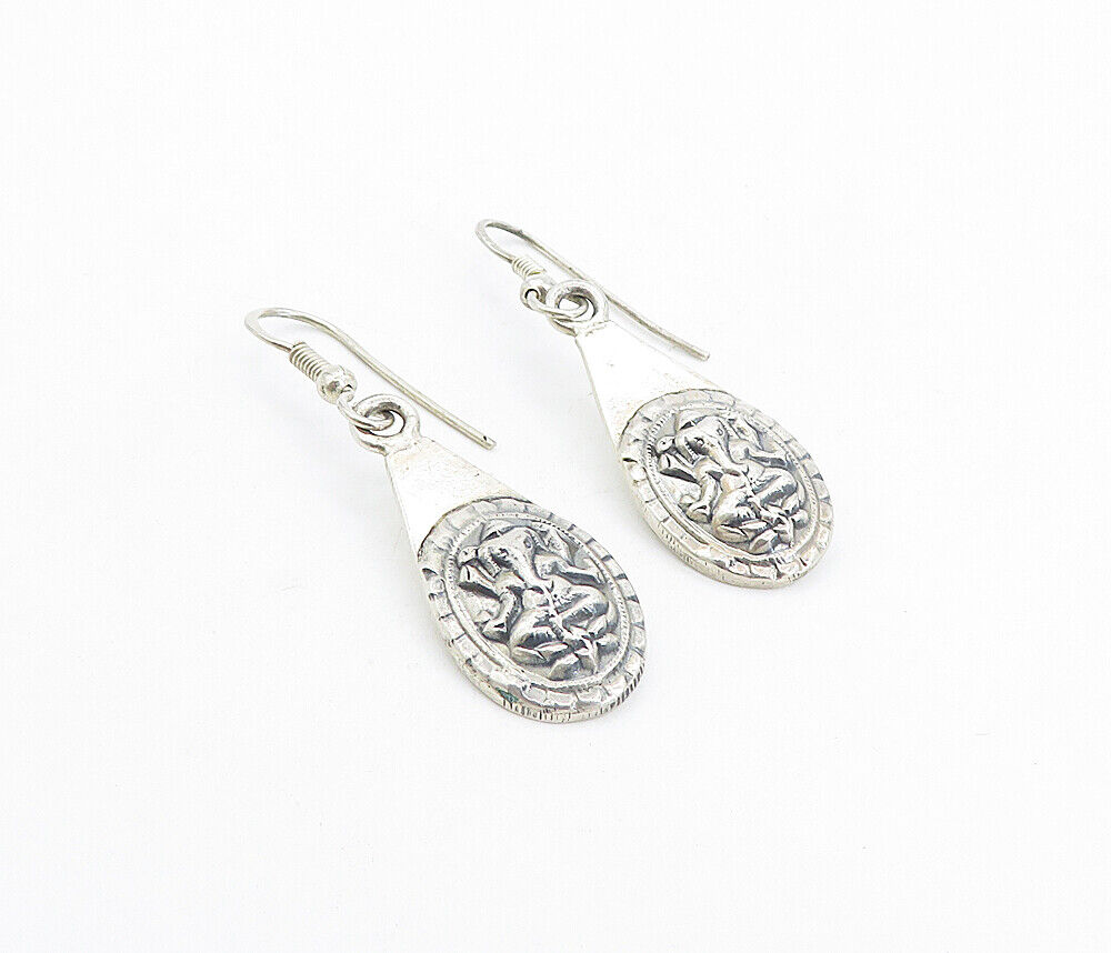 925 Sterling Silver  Vintage Ganesh Hindu Goddess Dangle Earrings  EG3688