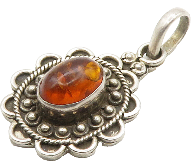 925 Sterling Silver  Vintage Cabochon Cut Amber Floral Swirl Pendant  PT11703