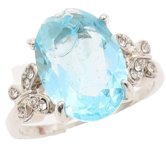 925 Sterling Silver Vintage Ring Oval Cut Blue & White CZ Carved  Sz 9  RG28472