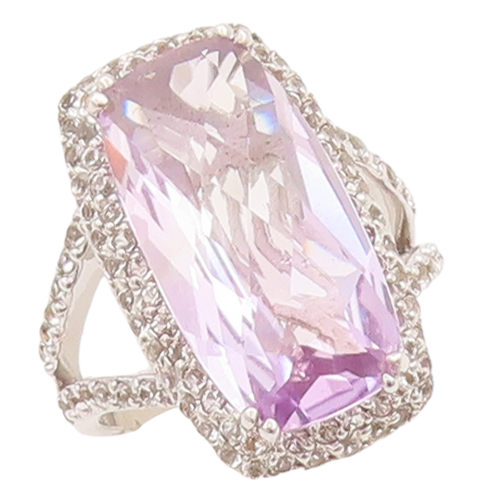 925 Sterling Silver Vintage Ring Large Rectangle Cut Amethyst Topaz Sz 7 RG29359