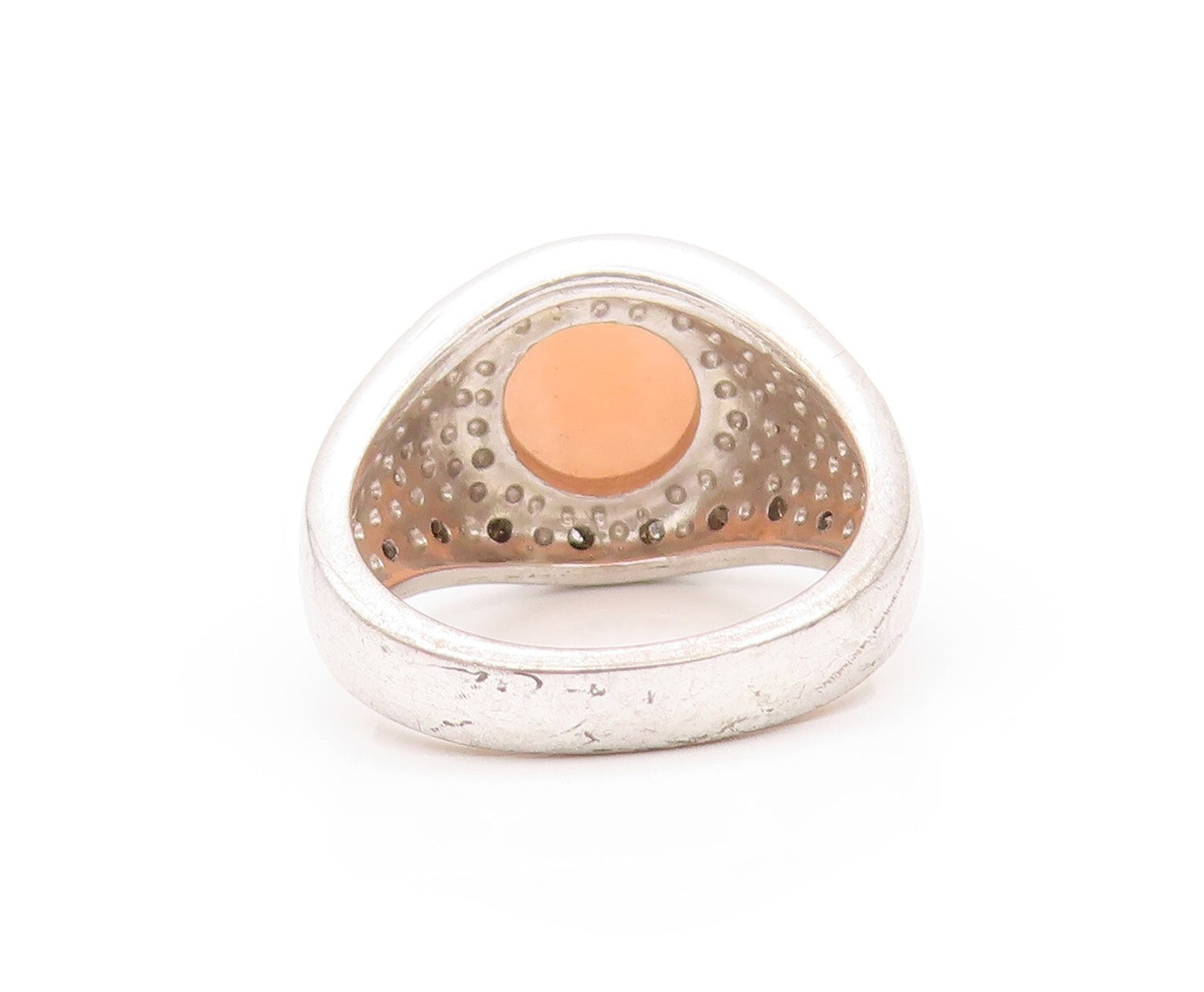 925 Sterling Silver Vintage Ring Diamonds & Orange Cabochon Jade  SZ 8  RG32143