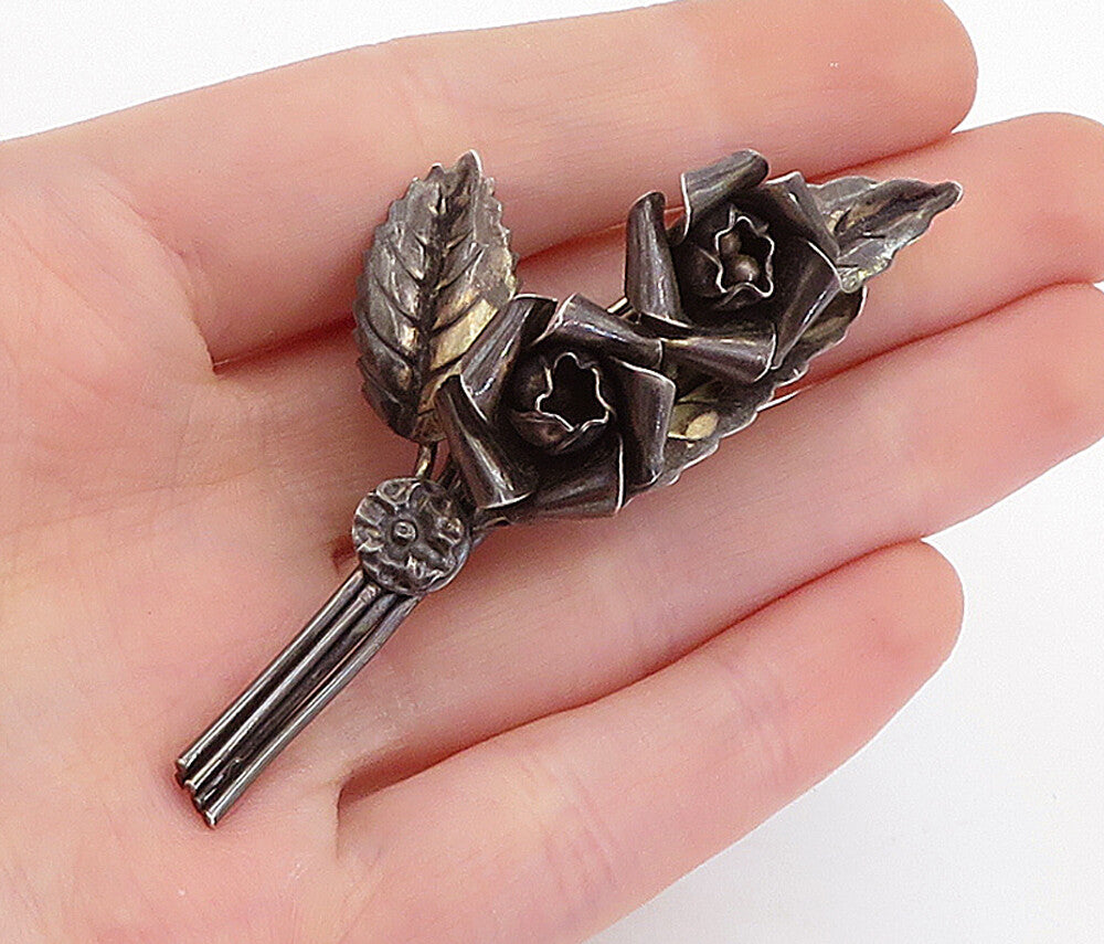 925 Sterling Silver  Vintage Oxidized Sculpted Flowers Motif Brooch Pin BP1992