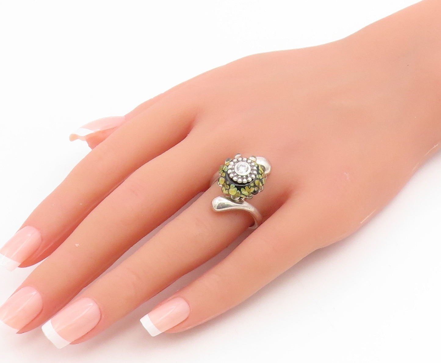 925 Sterling Silver Vintage Ring Classic CZ Glass Bubble Bypass  Sz 7.5  RG34924
