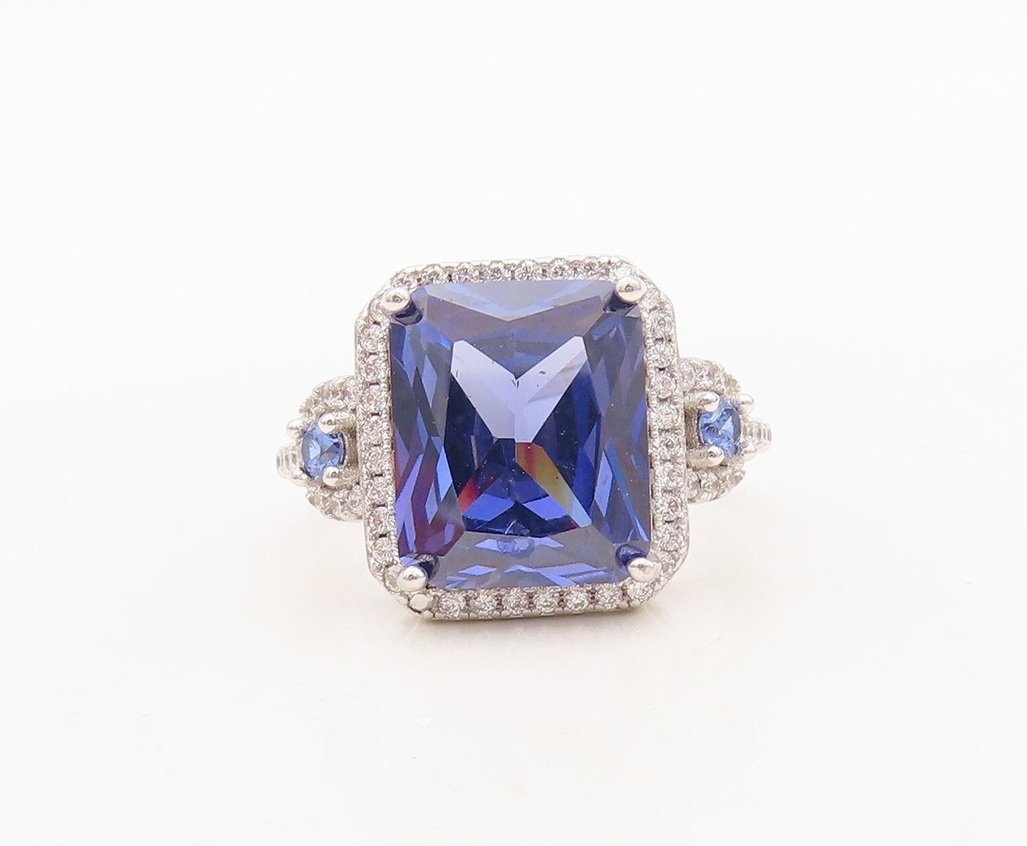 925 Sterling Silver Vintage Ring Square Cut Sapphire Halo CZ  Sz 7  RG30418