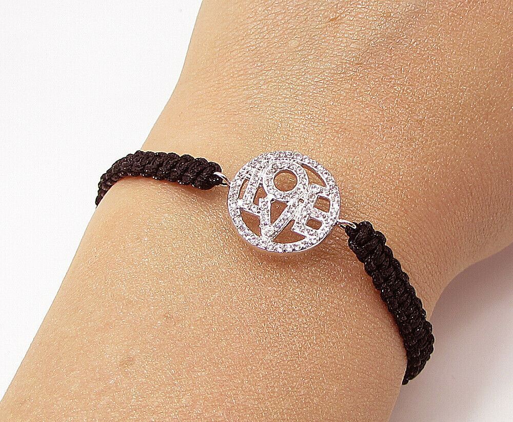 925 Sterling Silver  Cubic Zirconia Love Adjustable Friendship Bracelet  BT1075