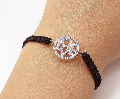 925 Sterling Silver  Cubic Zirconia Love Adjustable Friendship Bracelet  BT1075