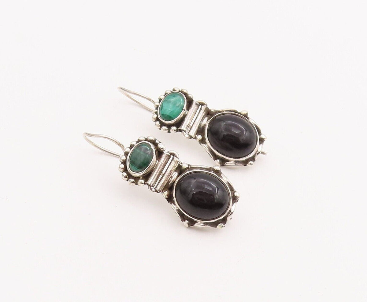 925 Sterling Silver Vintage Earrings Beaded Onyx & Malachite  EG13058
