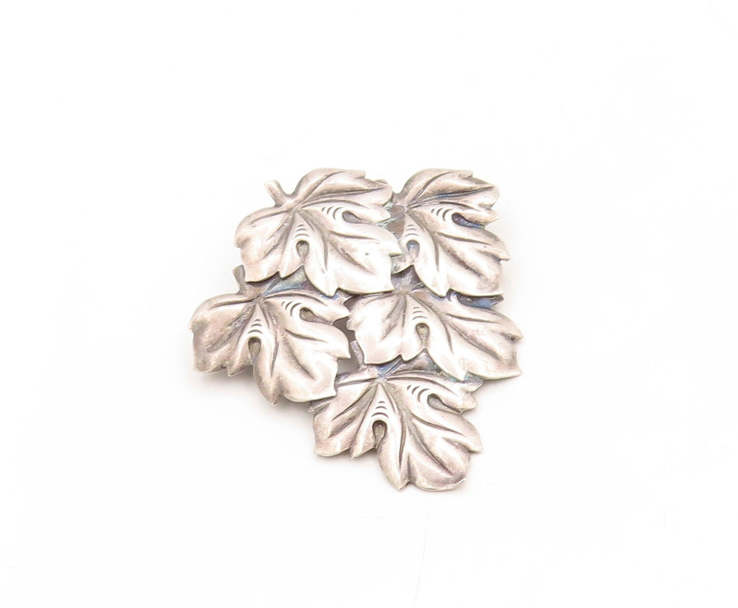 925 Sterling Silver Vintage Brooch Pin Dark Tone Carved Leaves Cluster   BP11345