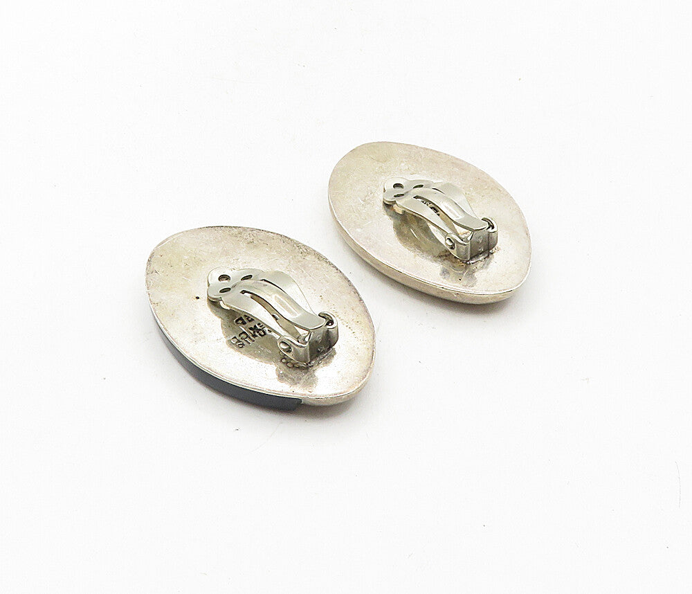 MEXICO 925 Silver  Vintage Black Onyx Cracked Egg Non Pierce Earrings  EG4861