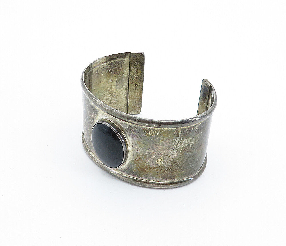 MEXICO 925 Sterling Silver Vintage Black Onyx Dark Tone Cuff Bracelet BT2823
