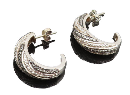925 Sterling Silver Vintage Black & White Diamonds Half Hoop Earrings  EG12520
