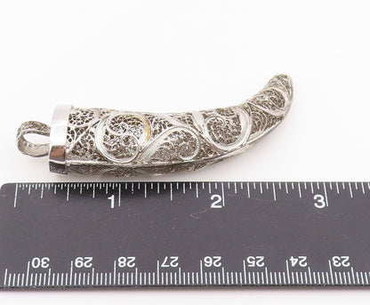 925 Sterling Silver Vintage Pendant VAN LOV Intricate Filigree Horn  PT26389