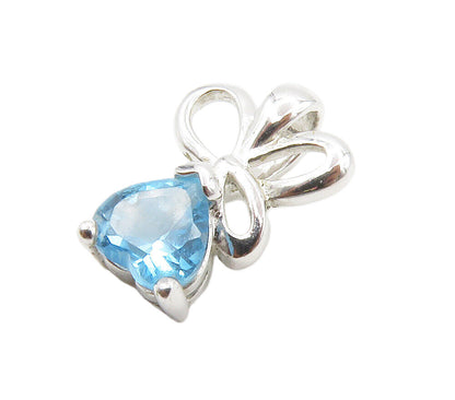 925 Sterling Silver  Blue Topaz Love Heart Shiny Ribbon Bow Pendant  PT11622
