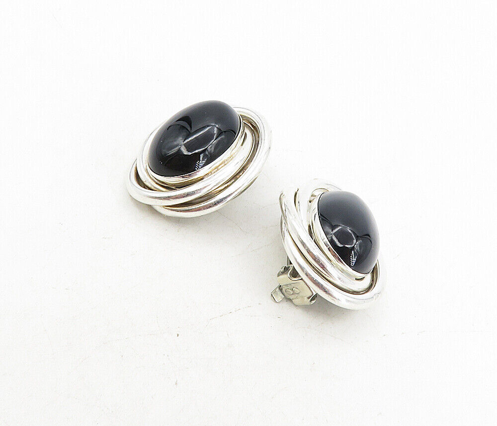 PETER BRAMS 925 Silver  Vintage Black Onyx Shiny Non Pierce Earrings  EG4521