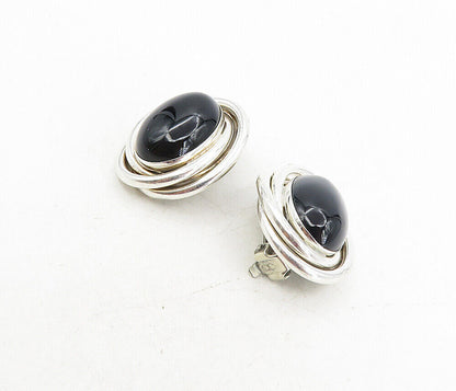 PETER BRAMS 925 Silver  Vintage Black Onyx Shiny Non Pierce Earrings  EG4521