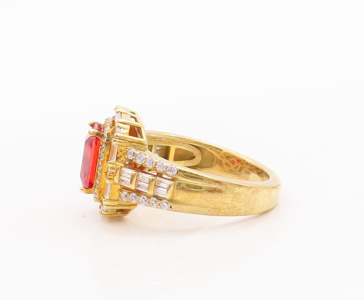 925 Sterling Silver Vintage Ring Gold Plated Red & White CZ  Sz 7  RG29474