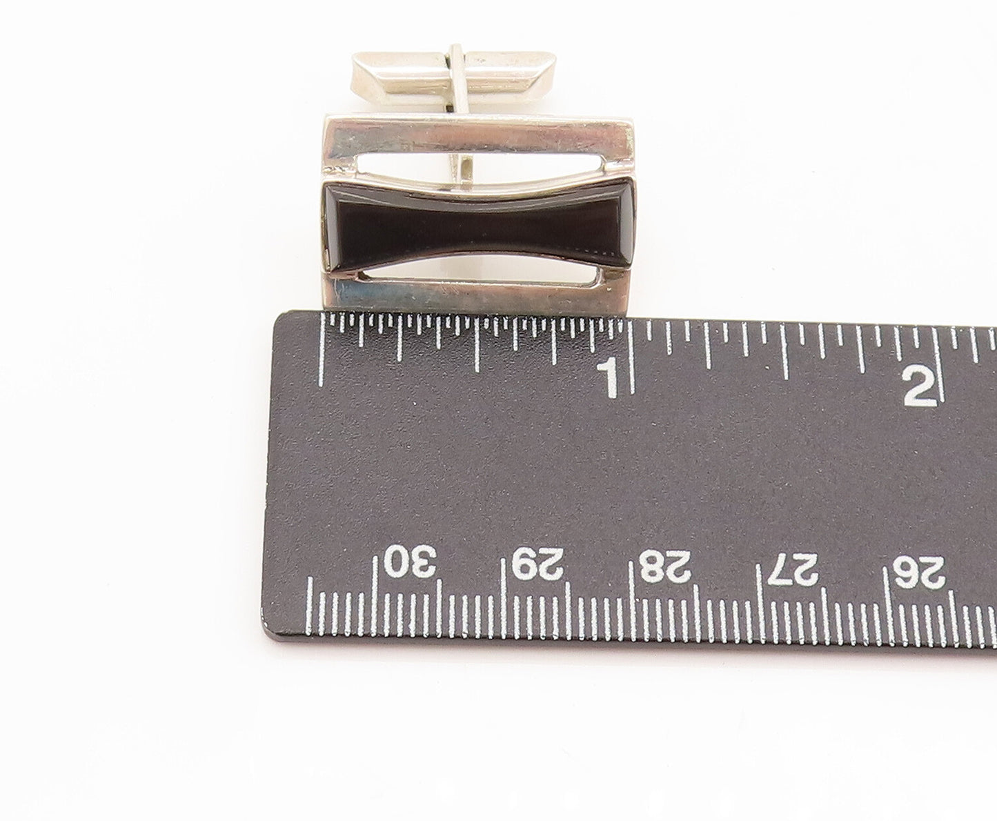 RIC MEXICO 925 Silver  Vintage Modernist Hour Glass Cut Onyx Cuff Links TR3543