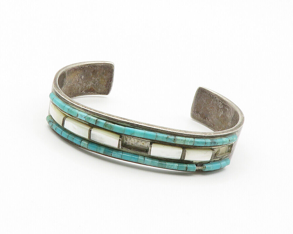 ZUNI 925 Silver  Vintage Mother Of Pearl & Turquoise Cuff Bracelet  BT5731