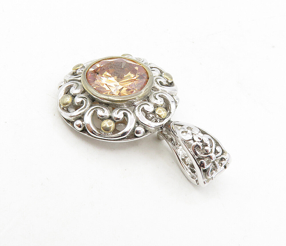 925 Sterling Silver  Peach Color Cubic Zirconia Two Tone Swirl Pendant  PT6485