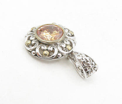 925 Sterling Silver  Peach Color Cubic Zirconia Two Tone Swirl Pendant  PT6485