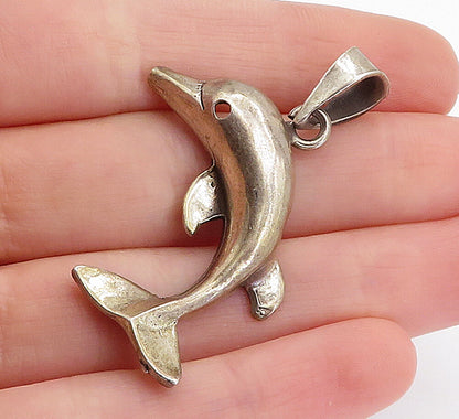 925 Sterling Silver  Vintage Dark Tone Leaping Dolphin Motif Pendant  PT3245