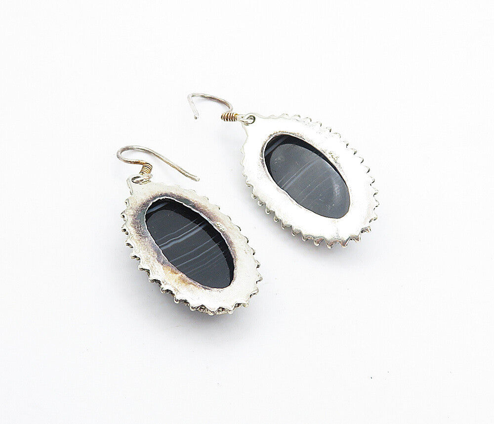 925 Sterling Silver  Vintage Faceted Black Agate Oval Dangle Earrings  EG3207