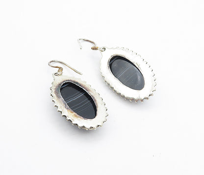 925 Sterling Silver  Vintage Faceted Black Agate Oval Dangle Earrings  EG3207