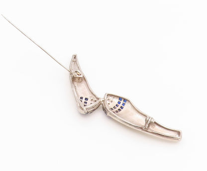 925 Sterling Silver Vintage Brooch Pin Real Diamonds & Sapphire Curves  BP12192