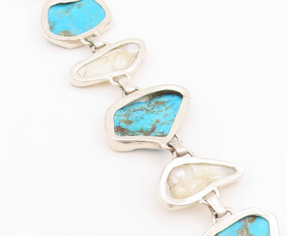 925 Sterling Silver Vintage Bracelet Modernist Pearl & Turquoise Link  BT11637